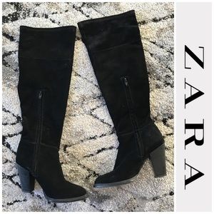 Zara black knee high suede heeled boots 38/ 8